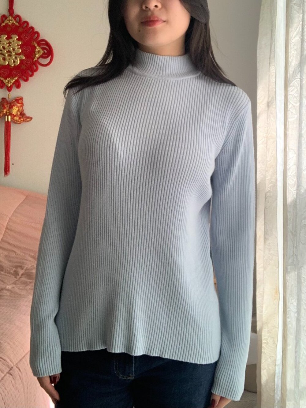 Baby Blue Ribbed Cotton-Blend Mock-Neck Sweater
